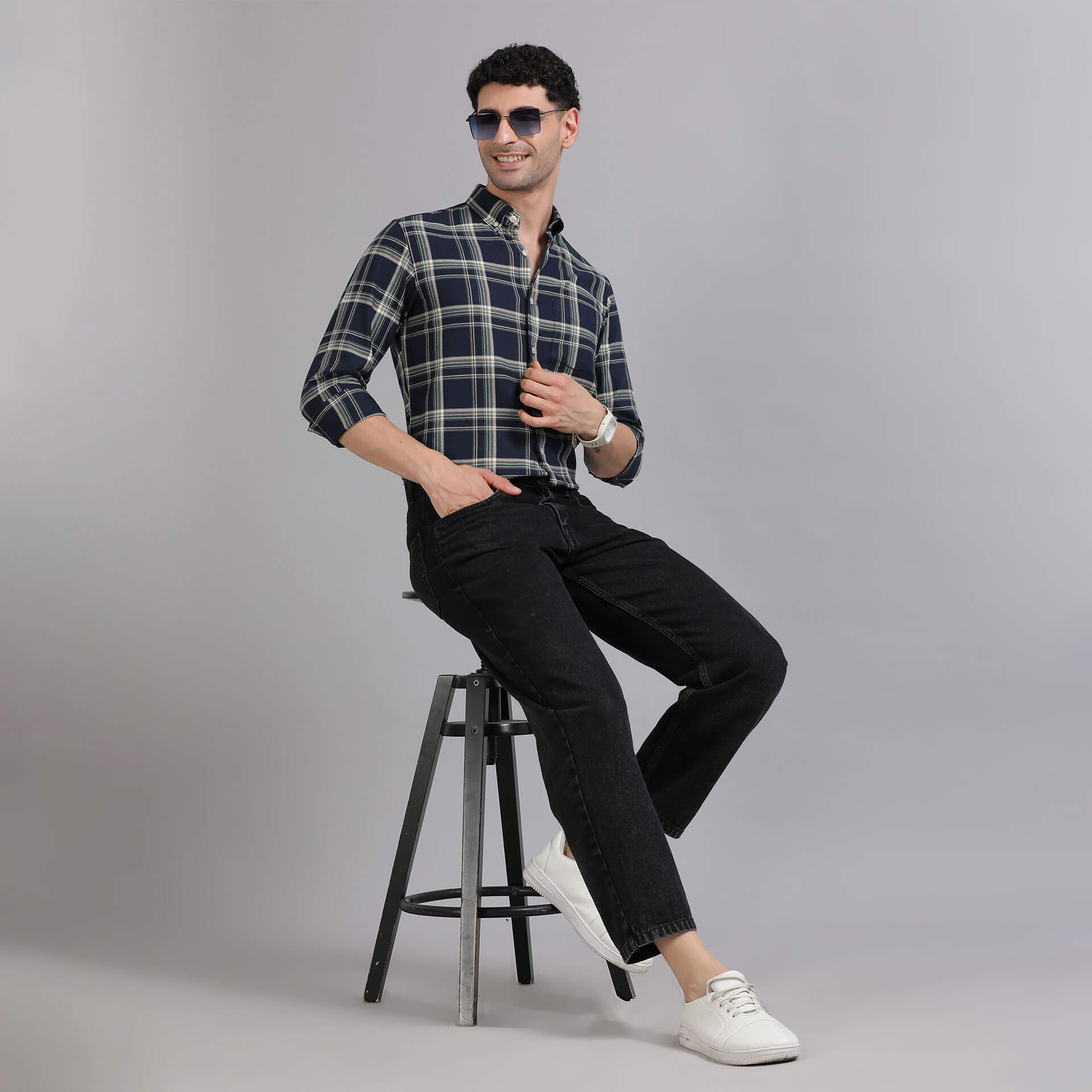Marco Checks Shirt In Navy & Sage Formal checked shirt for men in navy by TFC