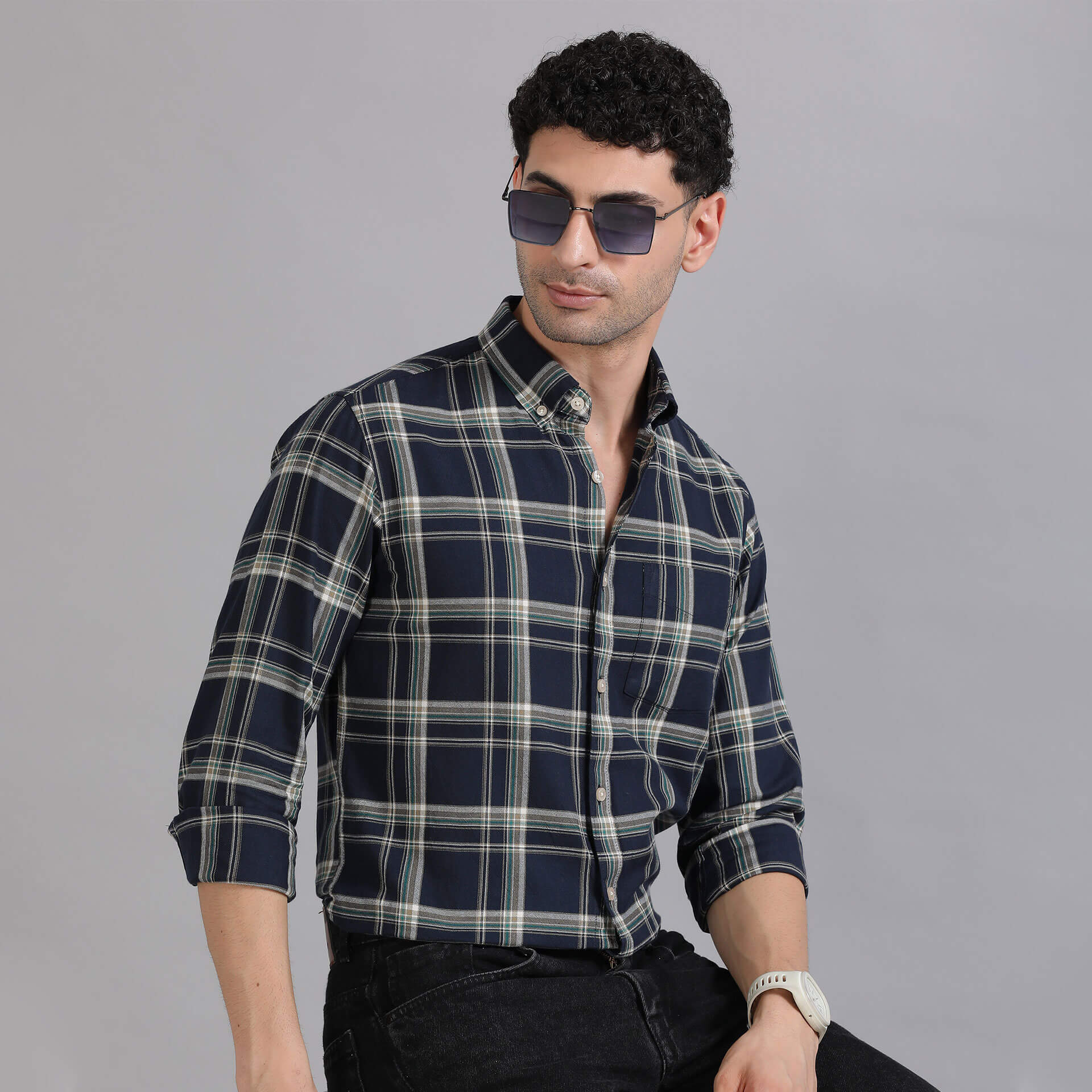 Marco Checks Shirt In Navy & Sage Model wearing Marco Checks Shirt by TFC