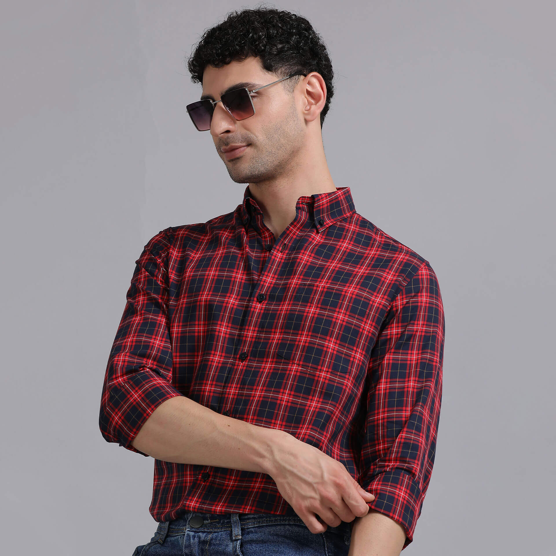 Marco Checks Shirt In Navy & Red Comfortable Marco Check Shirt by TFC