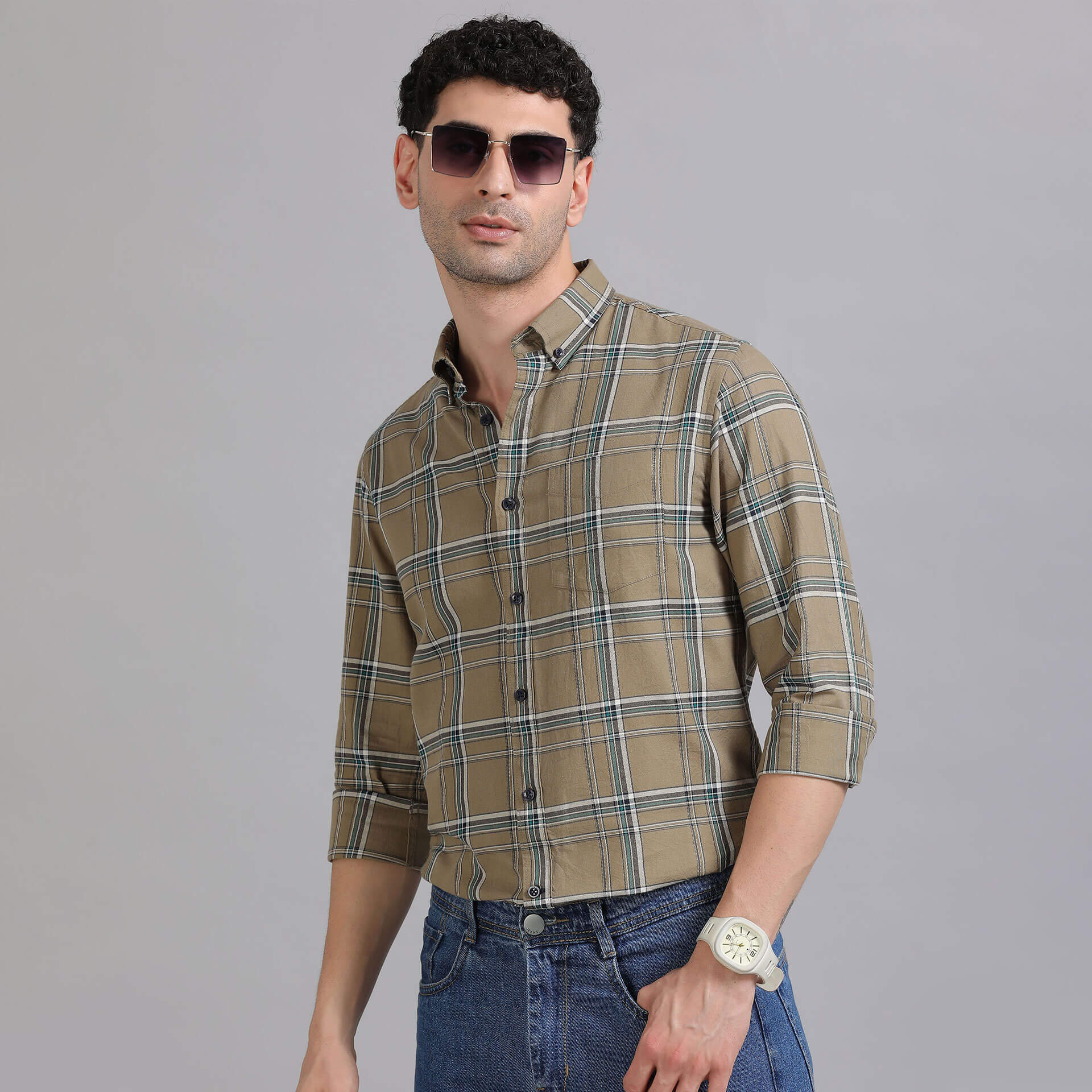 Marco Checks Shirt In Sage Wearing Marco Checks Shirt in Sage and Navy by TFC