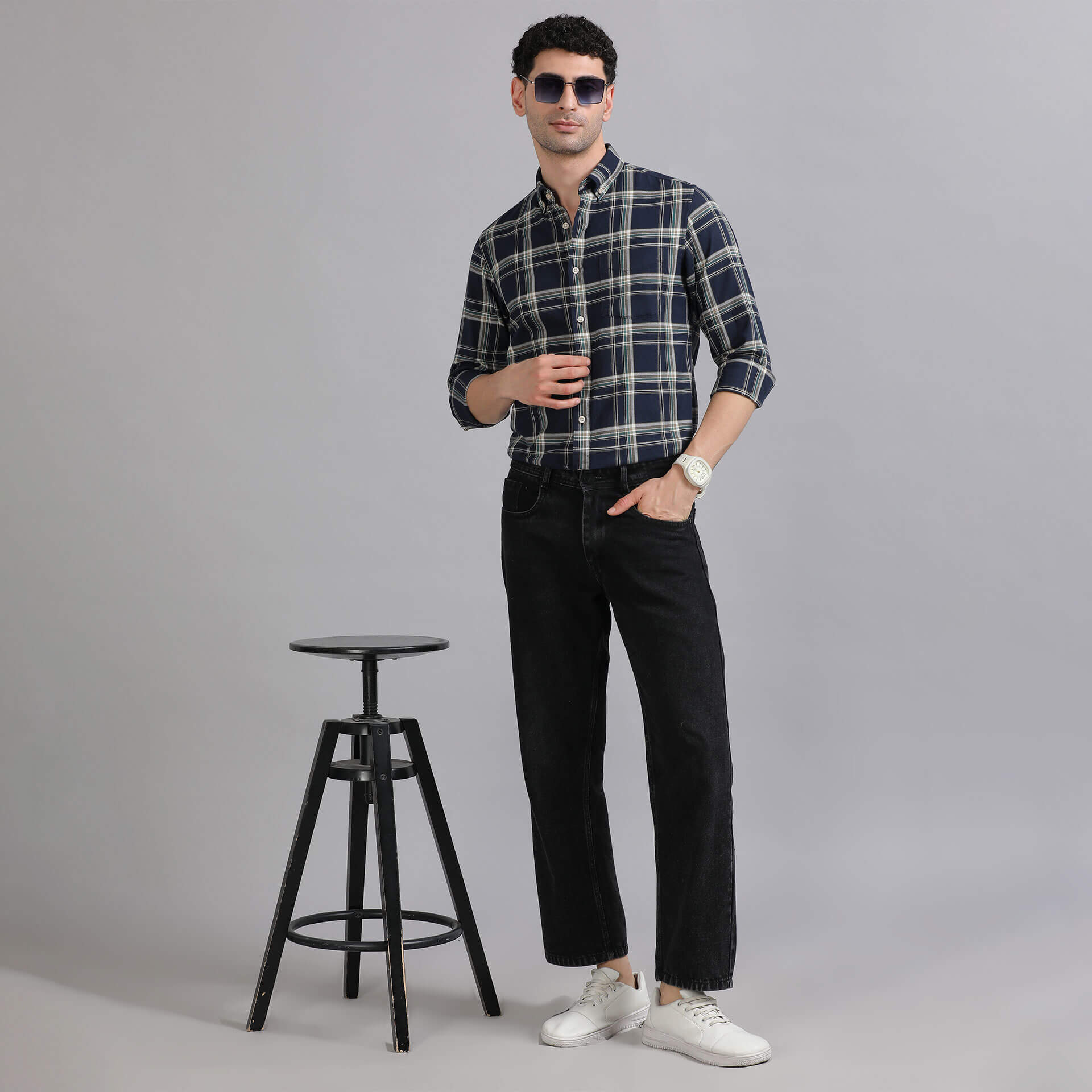 Marco Checks Shirt In Navy & Sage Marco Checks Shirt Navy Sage by TFC