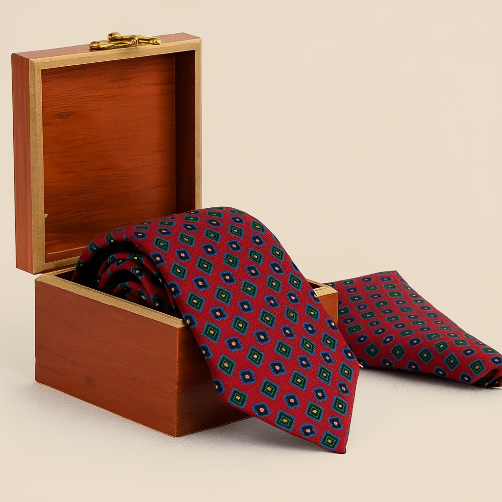 Royal Box & Coins Tie & Pocket Square in Ruby / Forest Royal Box & Coins Tie & Pocket Square in Ruby / Forest