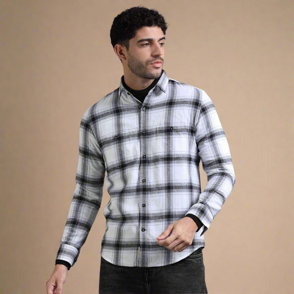 Lumber Flannel Check Shirt In Antique White Men’s long sleeve plaid shirt with pocket detail by TFC