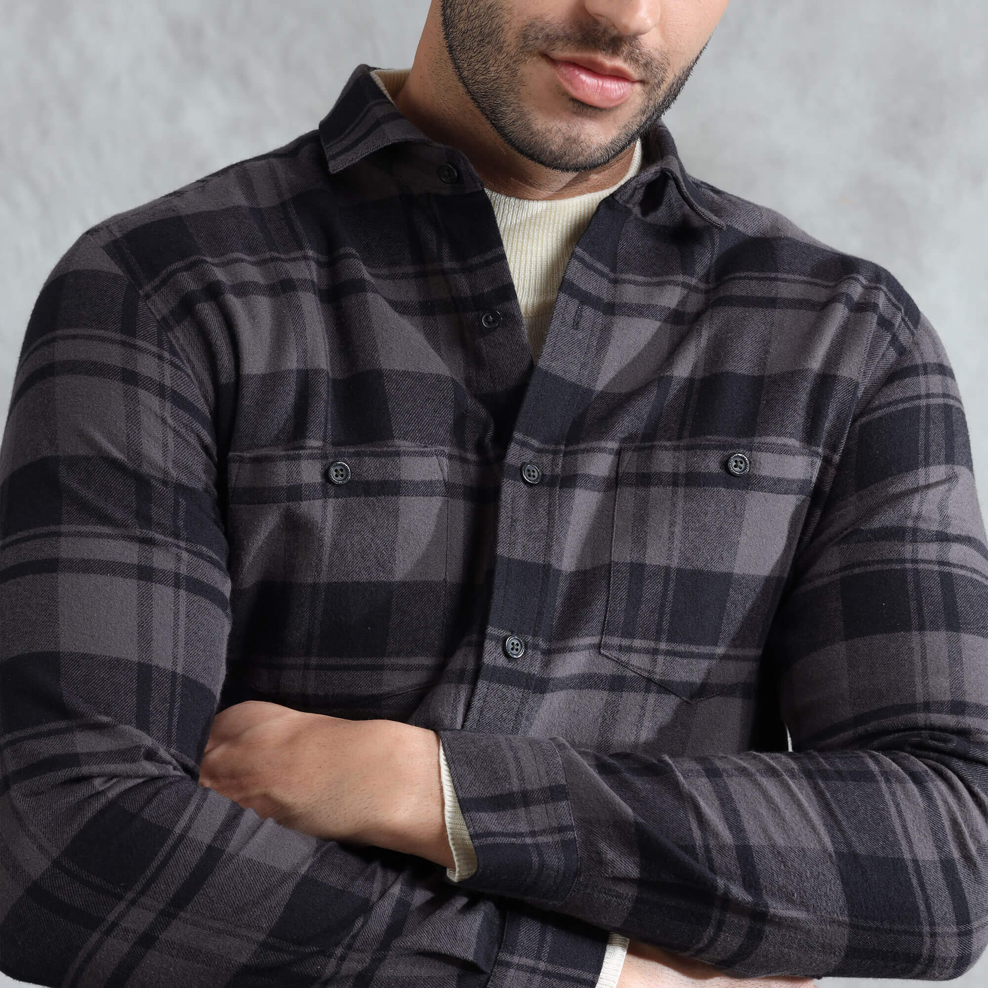 Lumber Flannel Check Shirt In Ash Grey Smart Casual Flannel Shirt by TFC