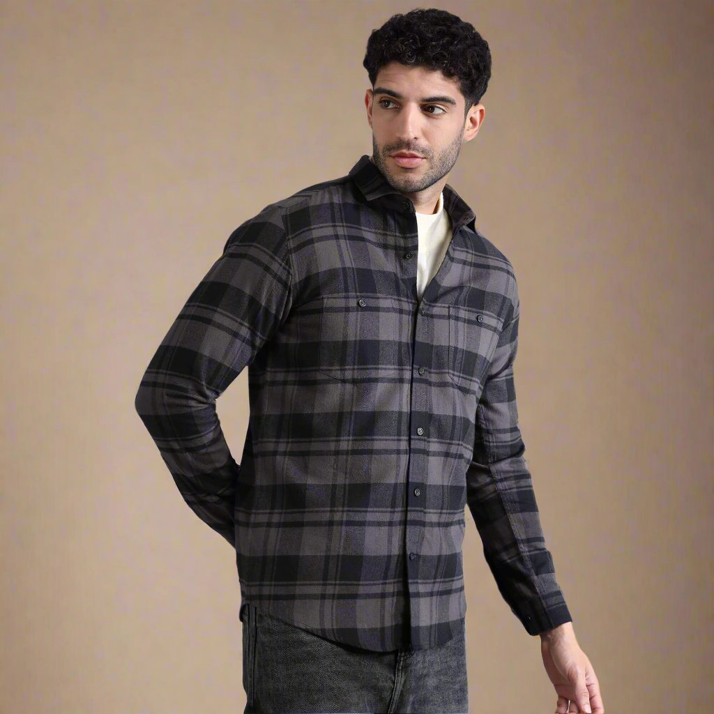 Lumber Flannel Check Shirt In Ash Grey Men's Shirt in Antique Raven Color by TFC