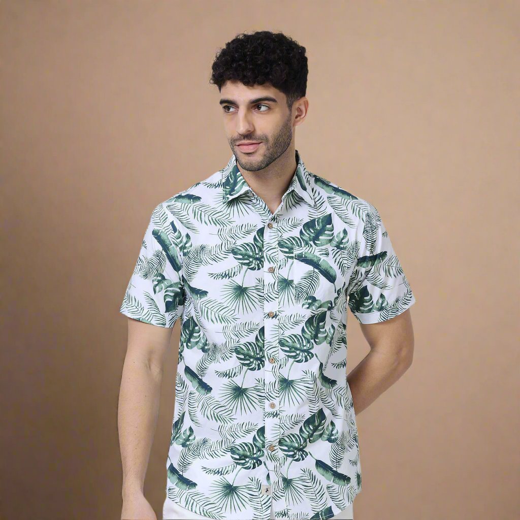 Ashley Cotton Half Sleeves Shirt In Tropical Green Print Vacation wear green shirt by TFC