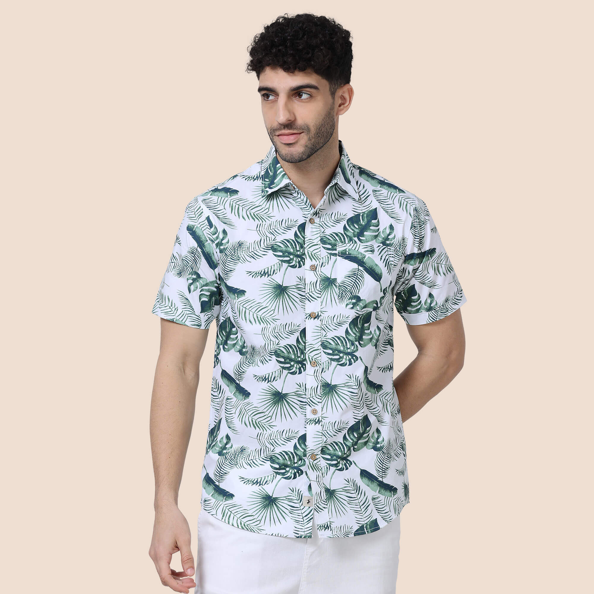 Ashley Cotton Half Sleeves Shirt In Tropical Green Print Tropical green leaf print shirt by TFC