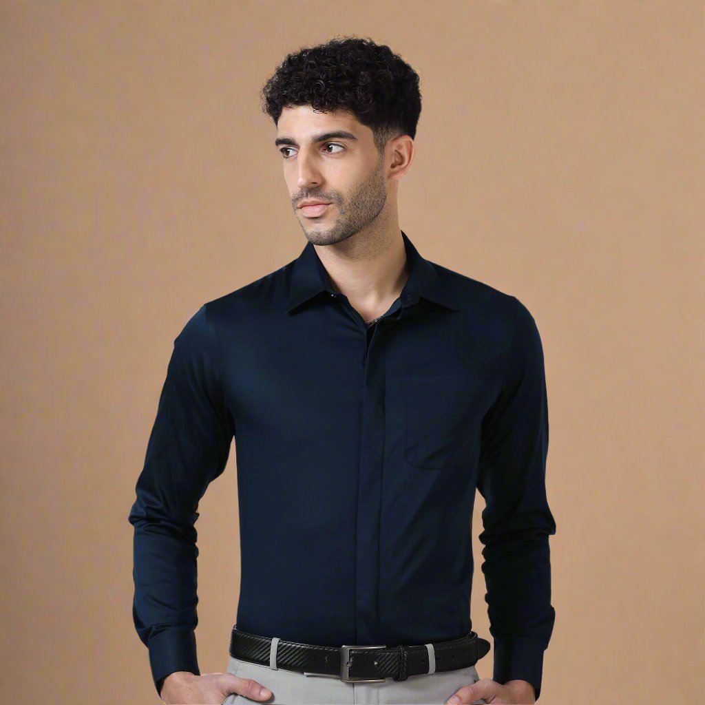 Bennet Navy Shirt With Concealed Placket Office wear navy shirt by TFC