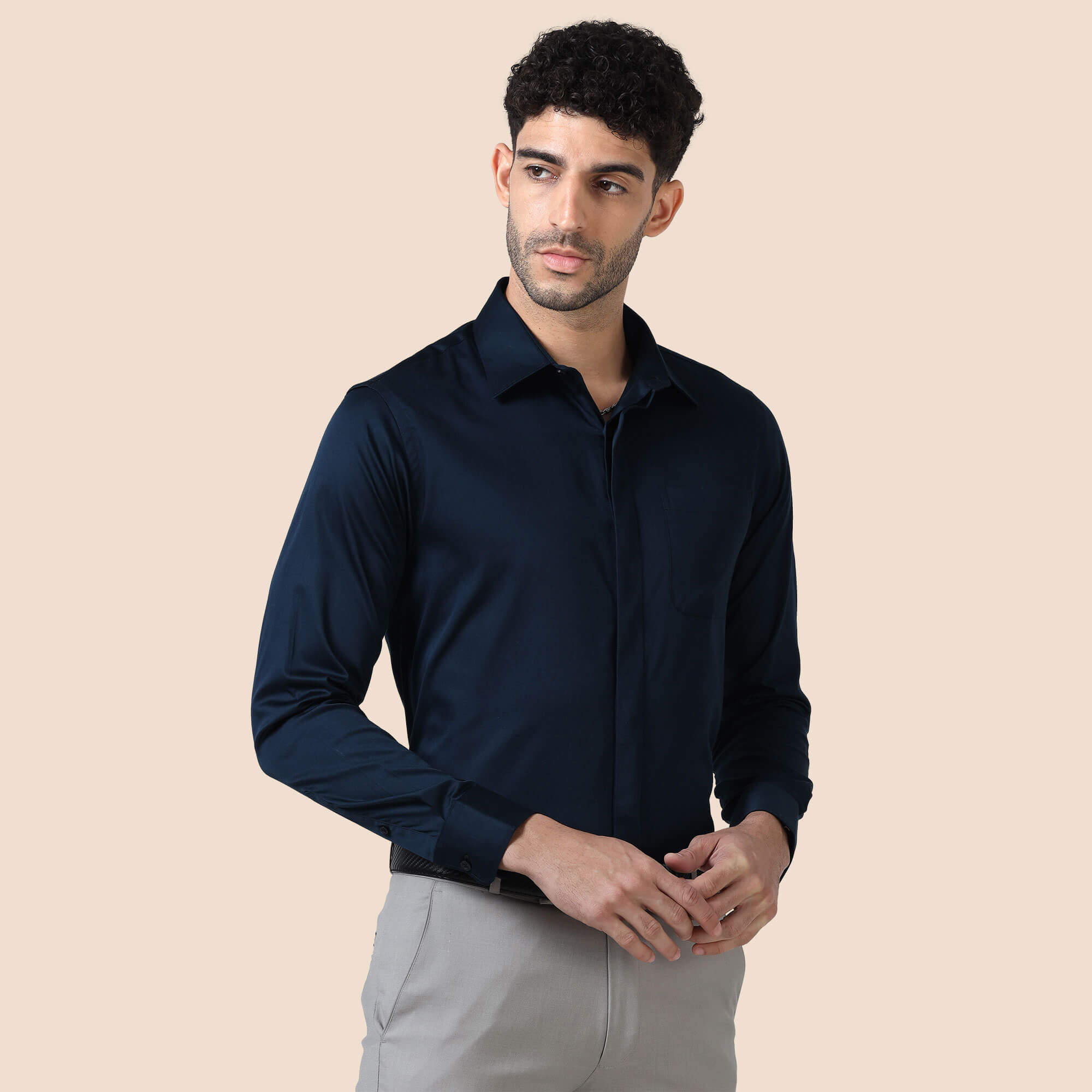 Bennet Navy Shirt With Concealed Placket Premium navy cotton shirt by TFC
