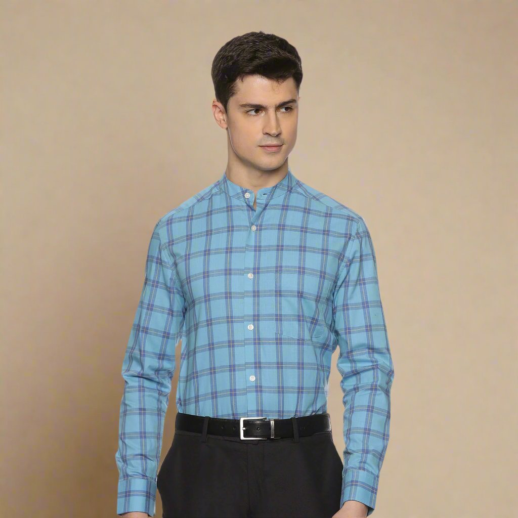 Blissful Cotton Check Shirt In Blue Blue Cotton Check Shirt For Men By TFC