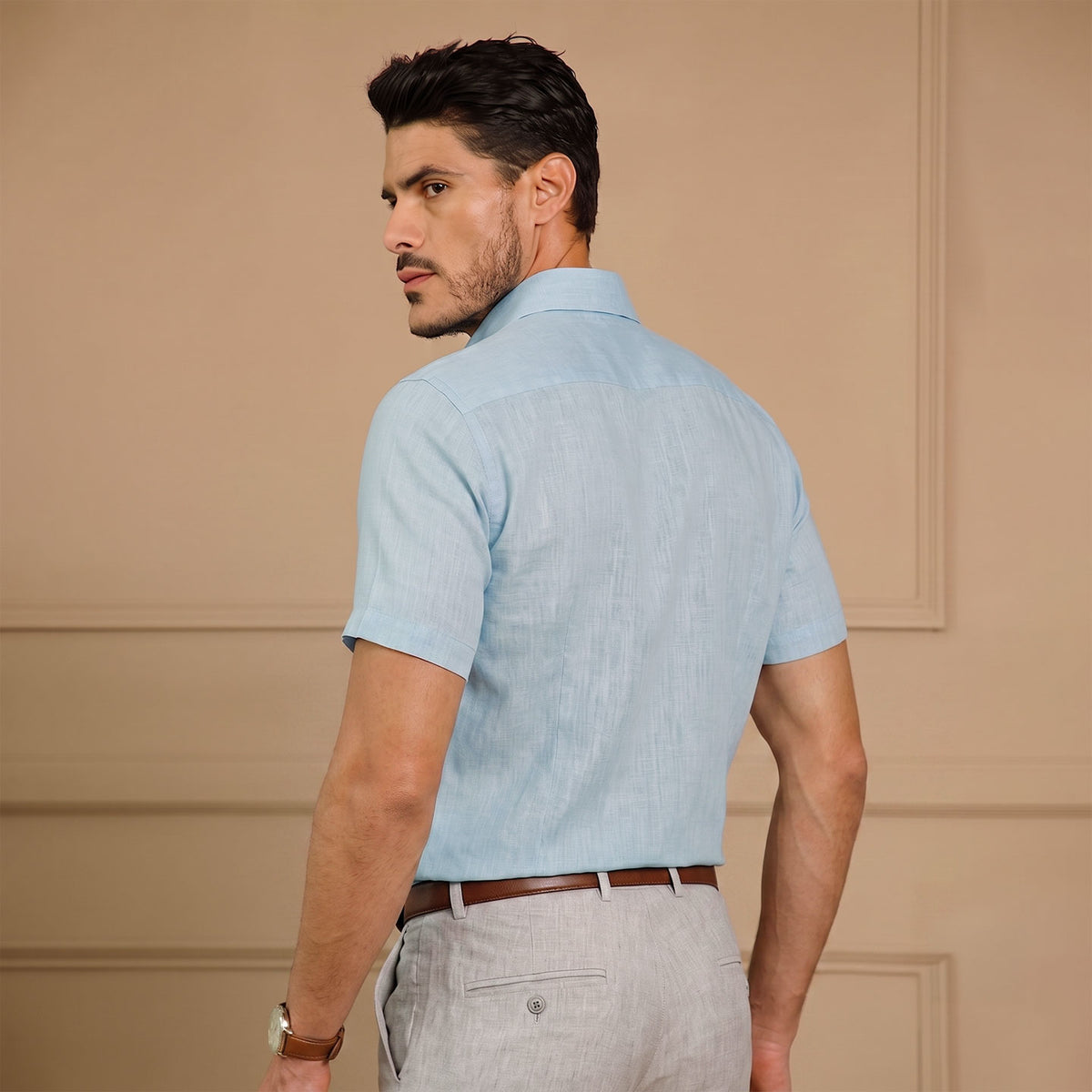 Men's Cloud Blue Linen Half Sleeve Shirt