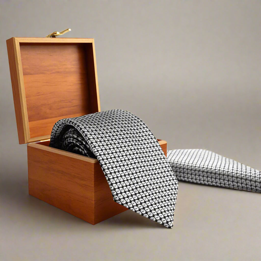 Windsor Geometric Handmade Tie & Pocket Square in Black & Silver Windsor Geometric Handmade Tie & Pocket Square in Black & Silver