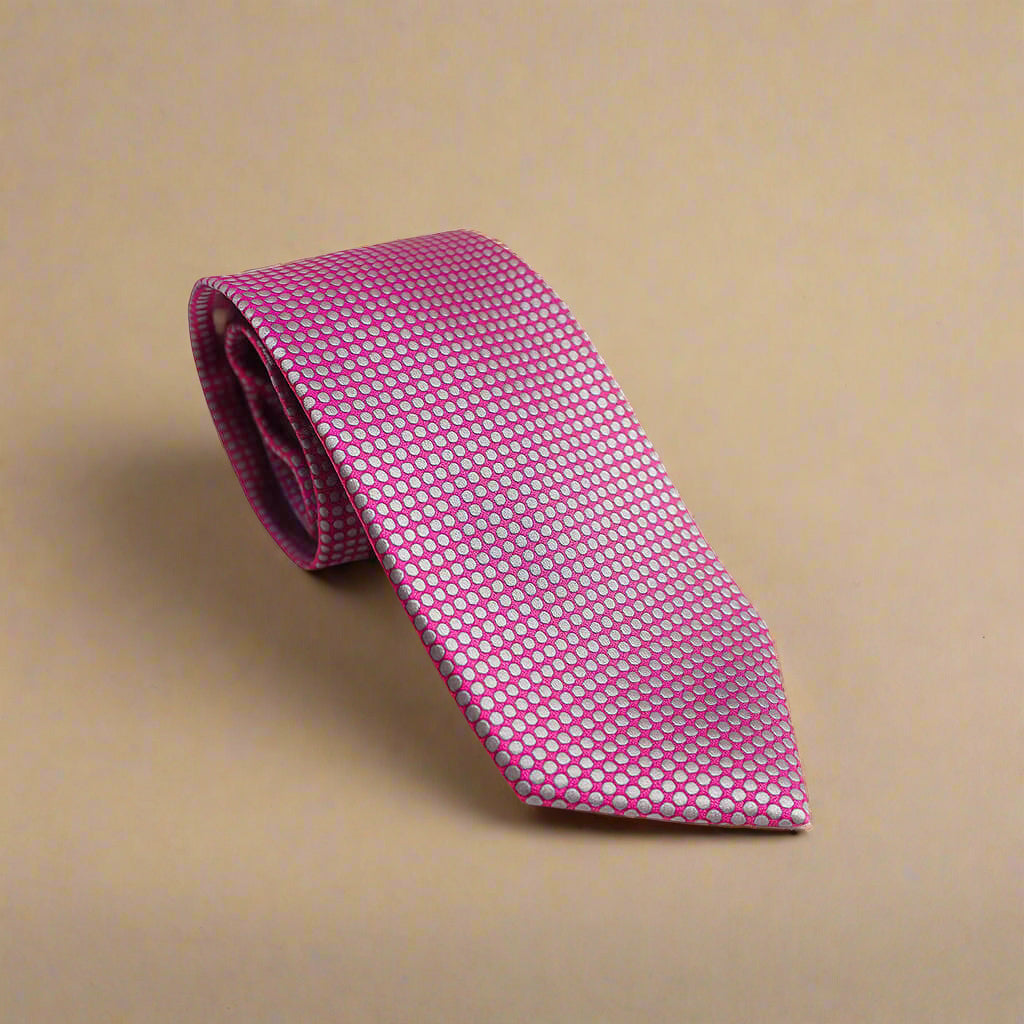 Duke Polka Dots Handmade Tie & Pocket Square in Pink & Silver Duke Polka Dots Handmade Tie & Pocket Square in Pink & Silver
