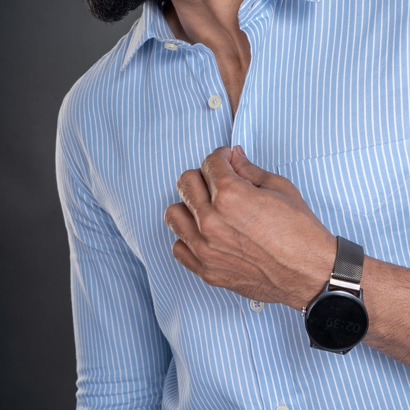 Skyline Stripe Shirt in Light Blue Smart Fit Formal shirt with white stripe pattern by TFC