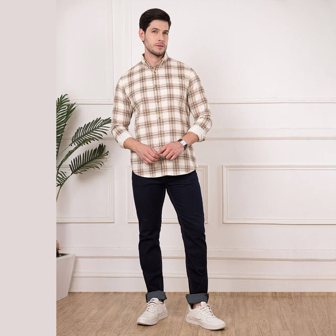 Cruise Checks Corduroy Shirt In Ecru Flat lay of Cruise Checks Shirt in Ecru in TFC