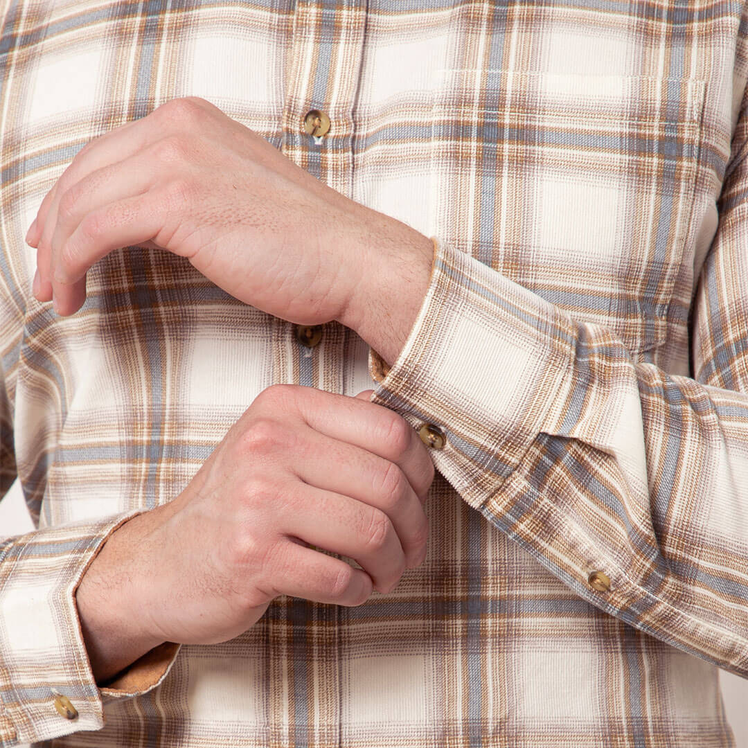 Cruise Checks Corduroy Shirt In Ecru Model wearing Cruise Checks Shirt in Ecru - TFC