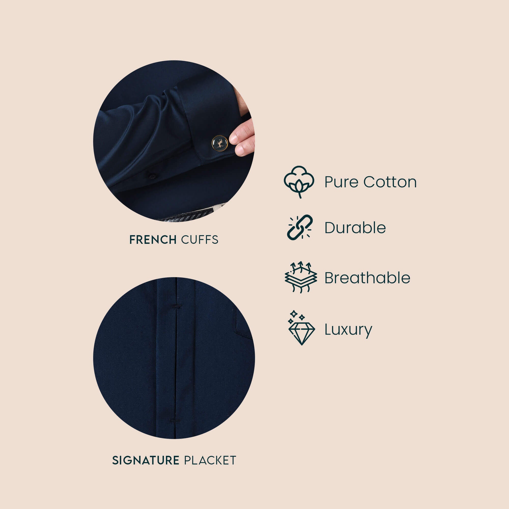Keneth Navy Shirt with Signature Concealed Placket & French Cuff Men's dress shirt with concealed placket by TFC
