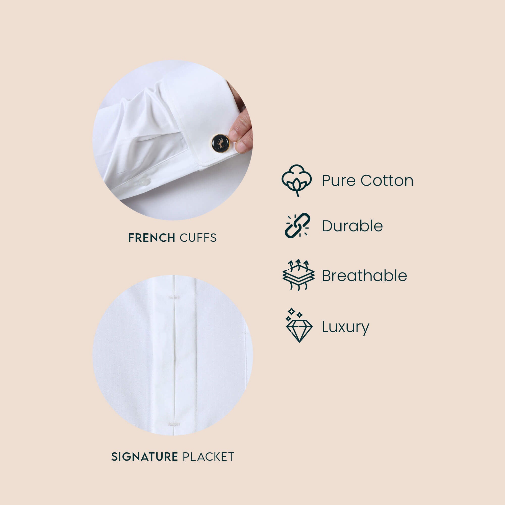 Keneth White Shirt with Signature Concealed  Placket & French Cuff French cuff with cufflink detail by TFC