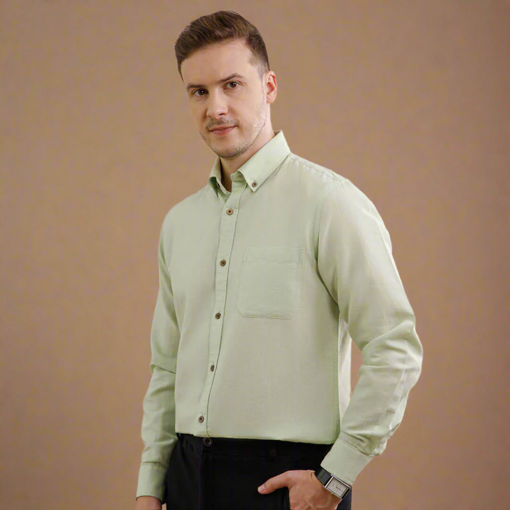 Breeze Linen Full Sleeves Shirt In Leaf Green Smart casual leaf green shirt by TFC