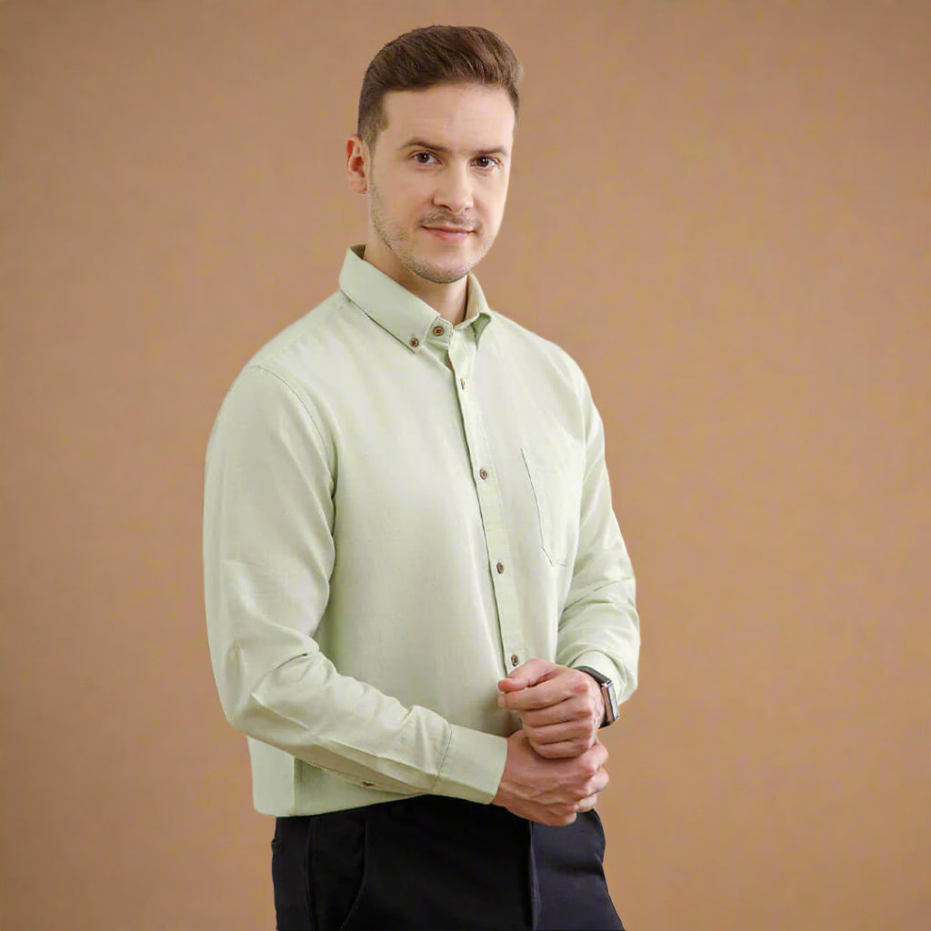 Breeze Linen Full Sleeves Shirt In Leaf Green Premium cotton-linen blend shirt by TFC