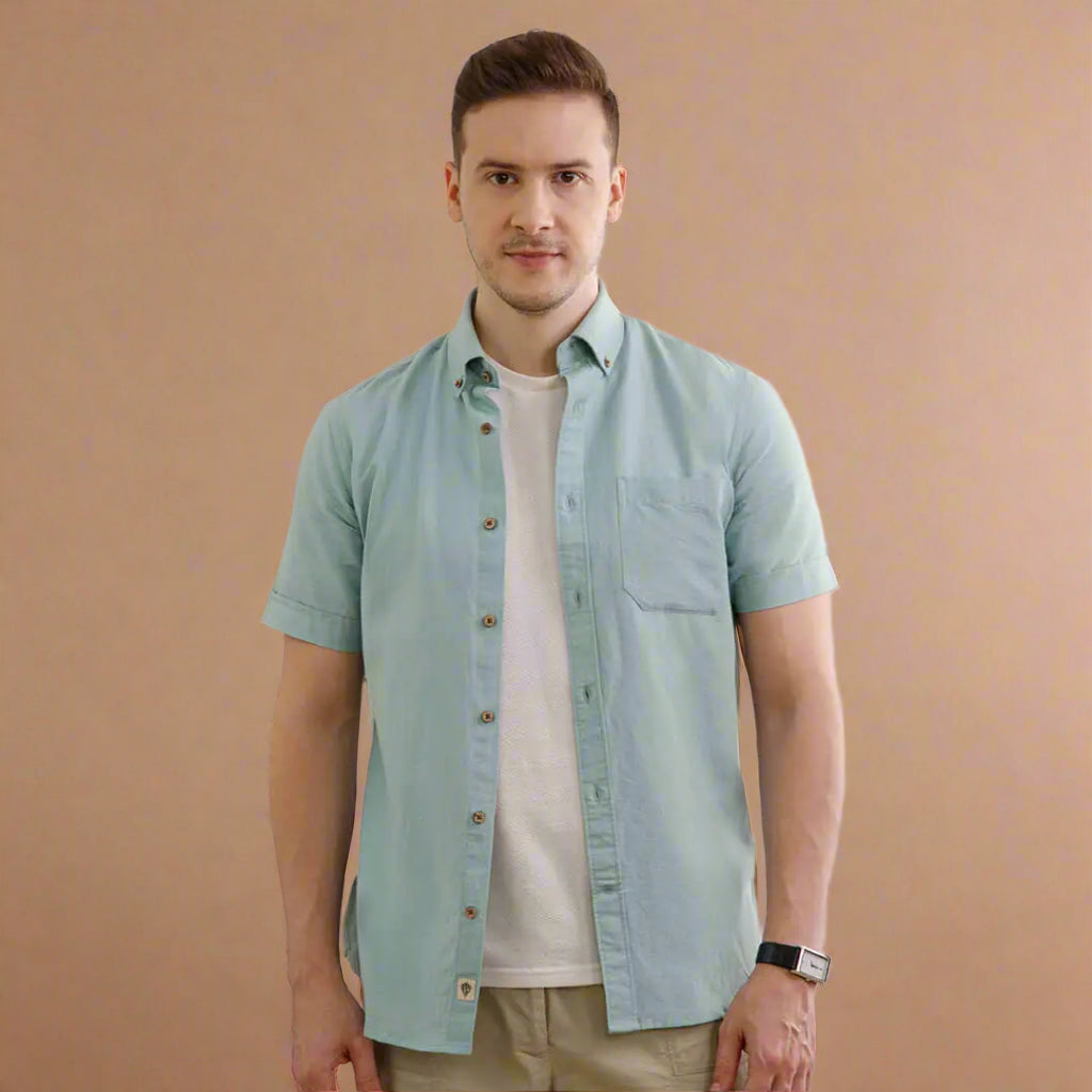 Breeze Linen Half Sleeves Shirt In Watercress Soft Bio-Wash Linen Shirt by TFC