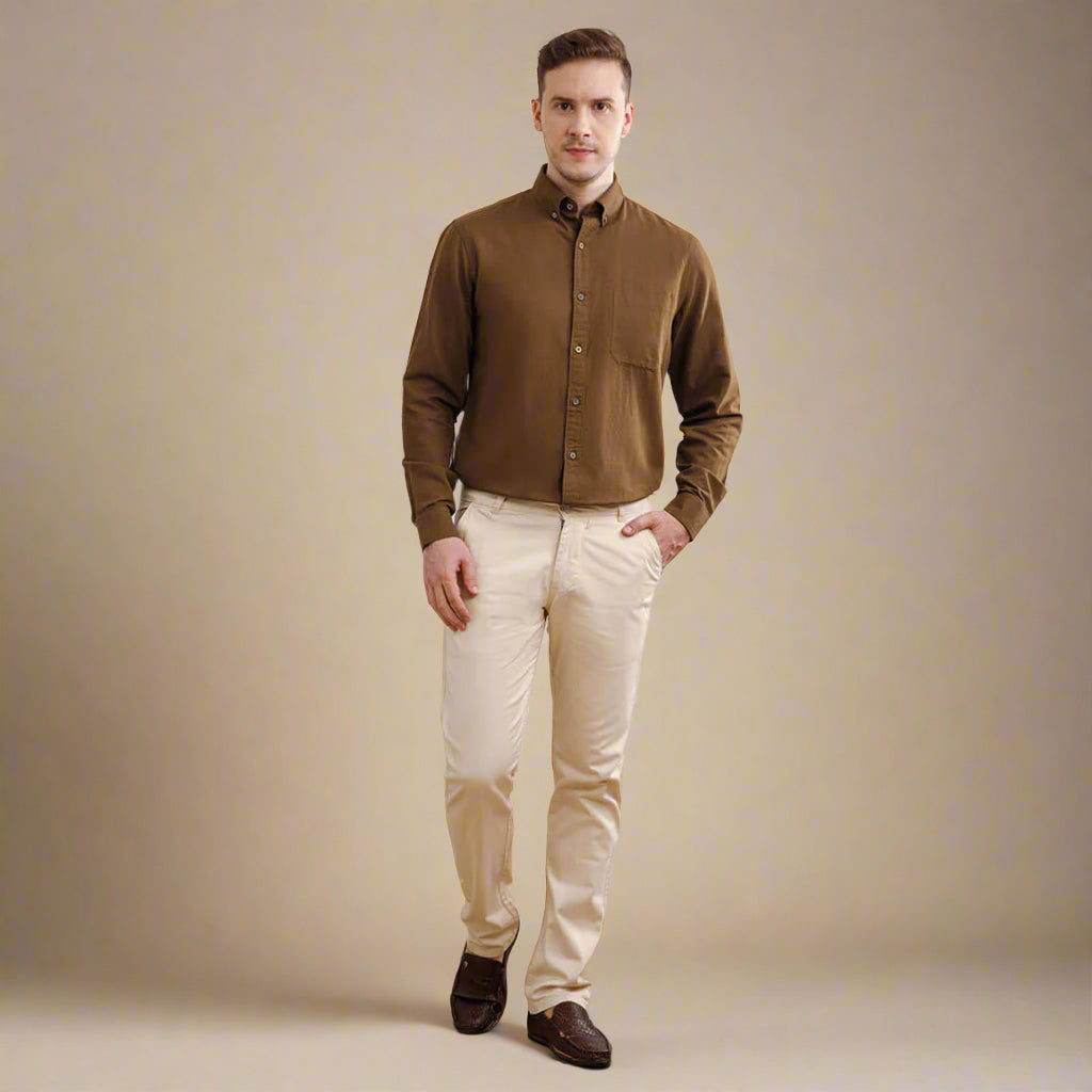 Breeze Linen Full Sleeves Shirt In Mocha Coconut shell buttons on linen shirt by TFC