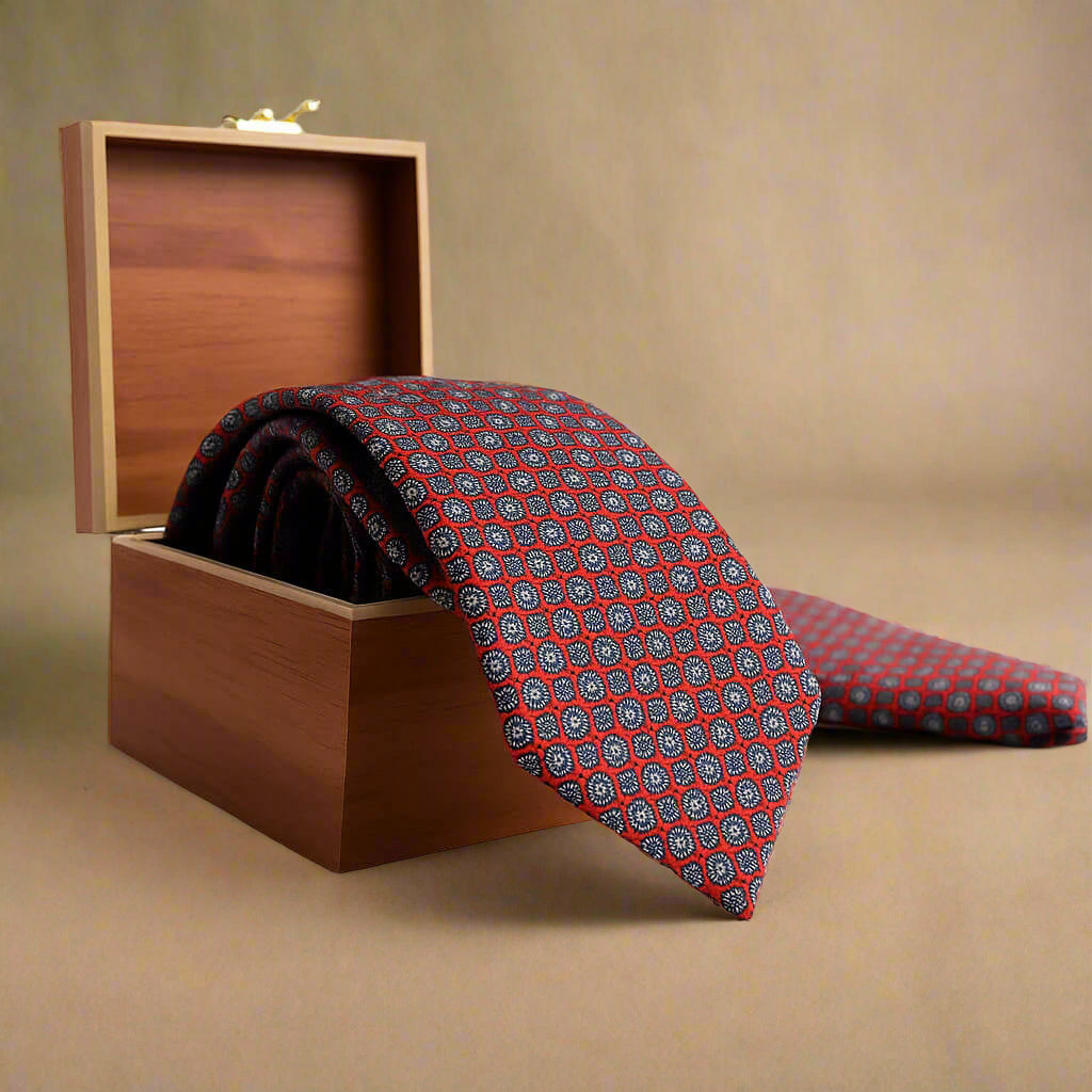 Monarch Geometric Handmade Tie & Pocket Square in Red & Blue Monarch Geometric Handmade Tie & Pocket Square in Red & Blue
