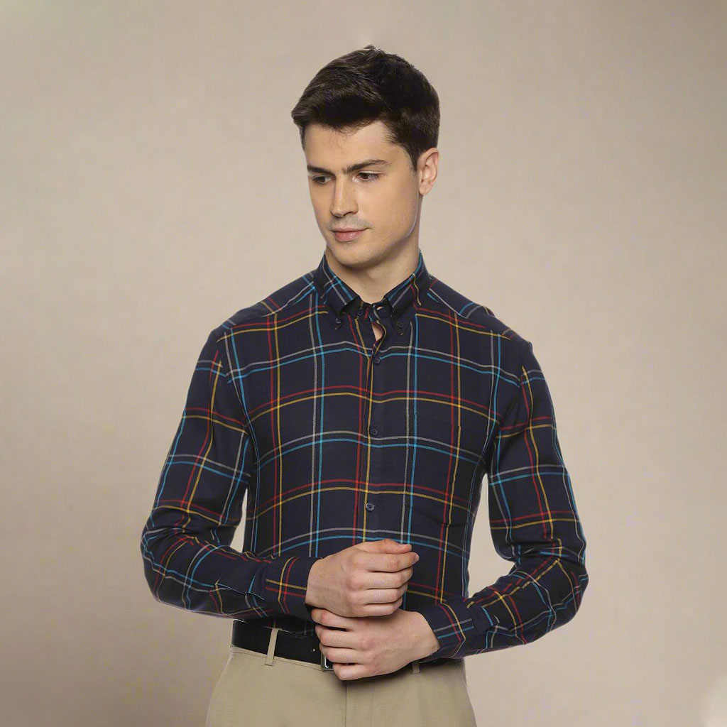 Maverick Cotton Check Shirt In Navy Blue Maverick Cotton Check Shirt In Navy Blue