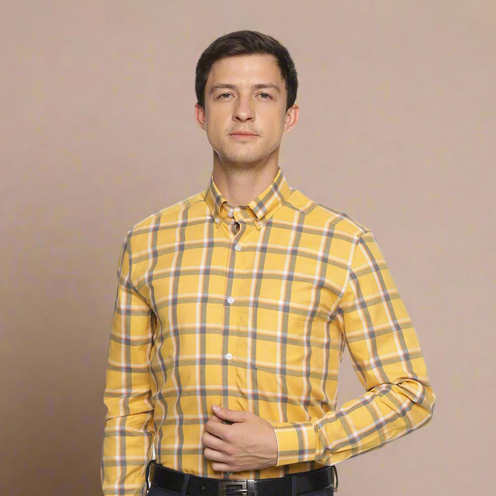 Maverick Cotton Check Shirt In Yellow Twill weave shirt fabric pattern By TFC