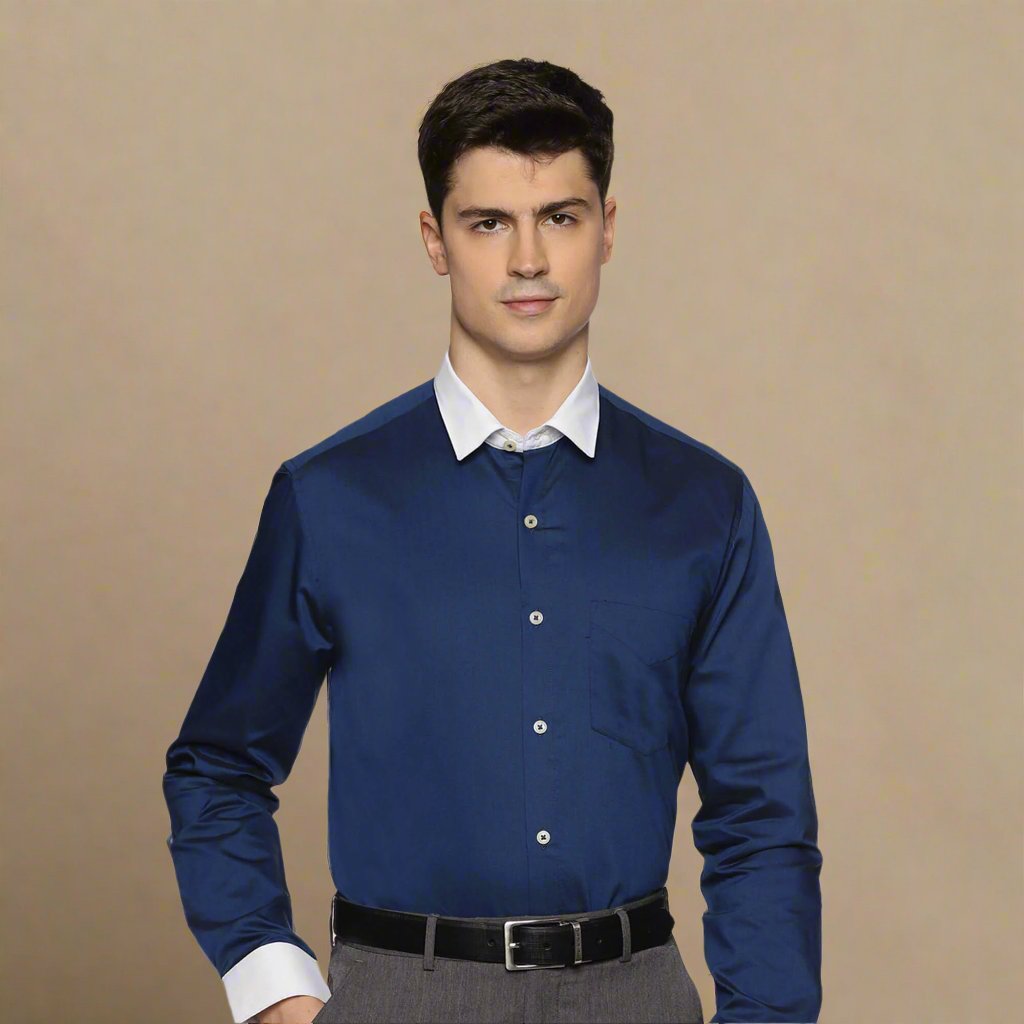 White Collar Full Sleeves Solid Shirt In Navy Blue Classic navy blue shirt with white accents By TFC