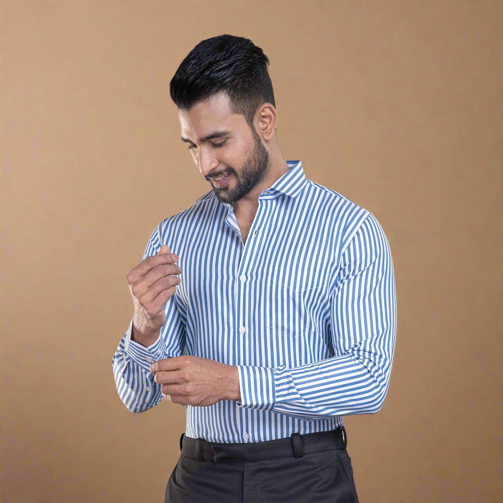 Skyline Stripe Shirt In Blue Smart Fit Full Sleeve Stripe Shirt by TFC