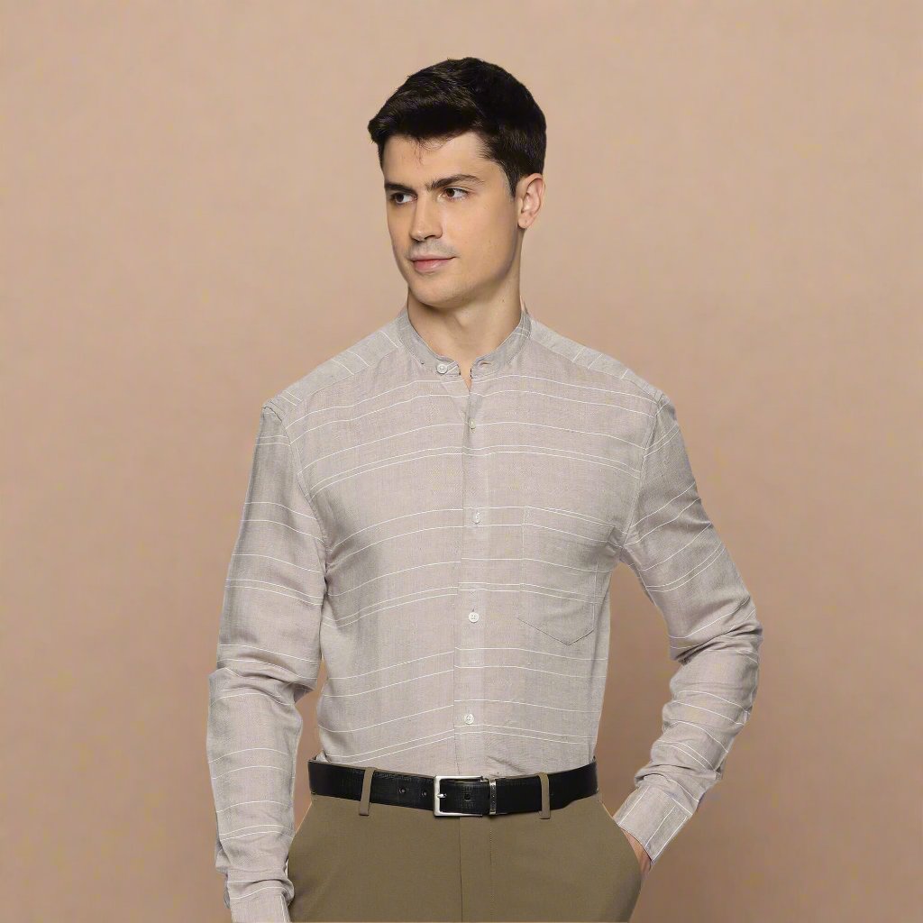 Skyline Stripes Mandarin Shirt In Grey Classic Grey Striped Shirt For Men By TFC