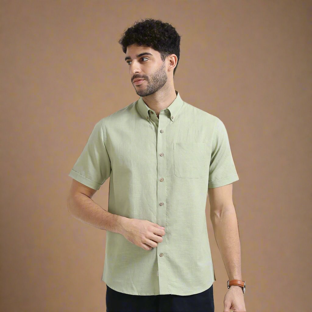 Breeze Linen Half Sleeves Shirt In Grass Coconut shell button detail shirt by TFC