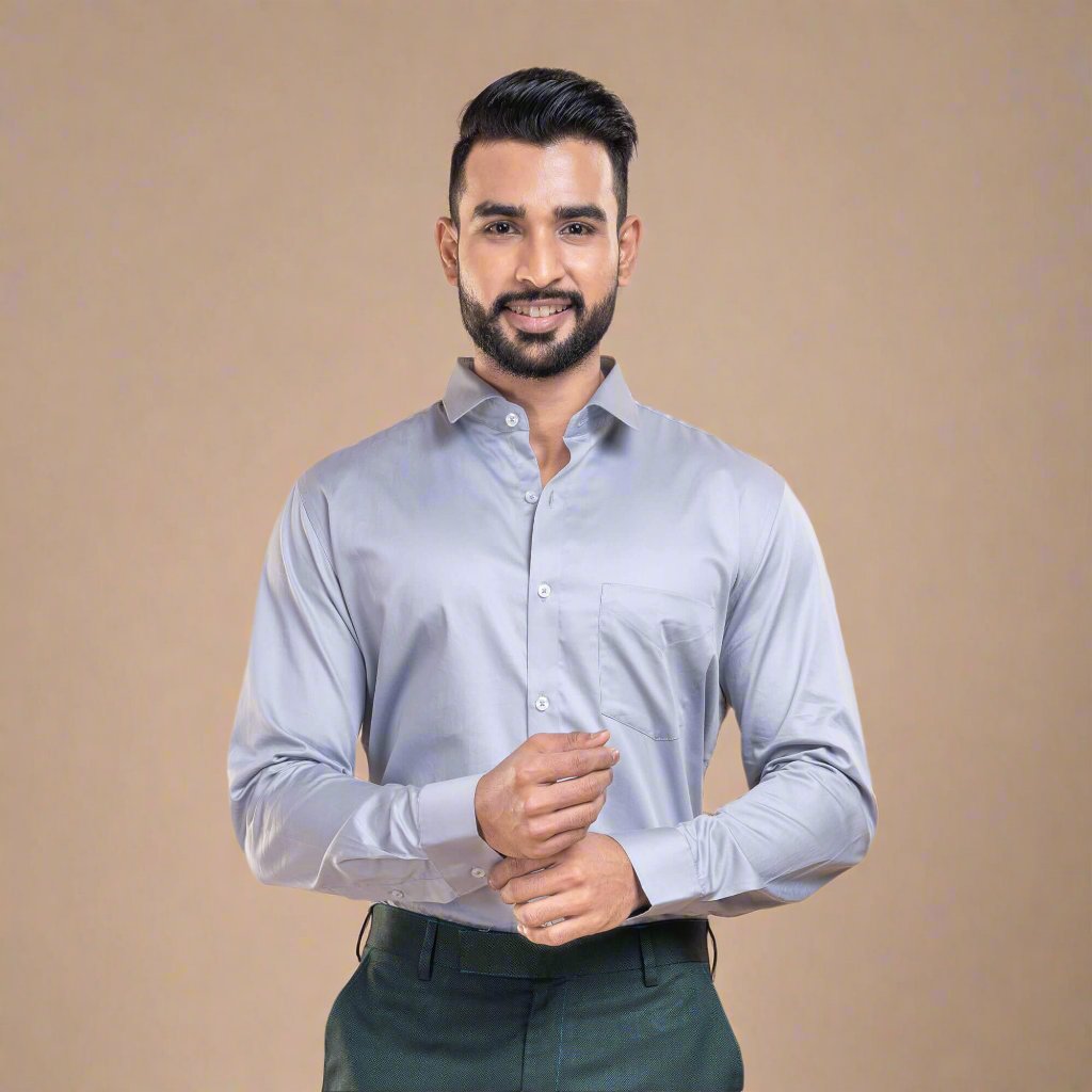 Swiss Finish Giza Cotton Shirt In Light Steel Satin Weave Light Steel Cotton Shirt For Men By TFC