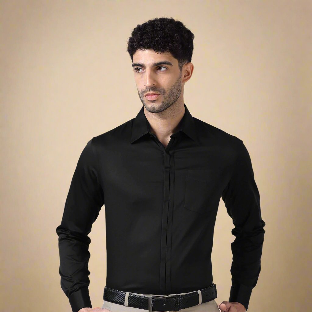Keneth Black Shirt with Signature Concealed Placket & French Cuff Keneth Black Shirt with Signature Concealed Placket & French Cuff