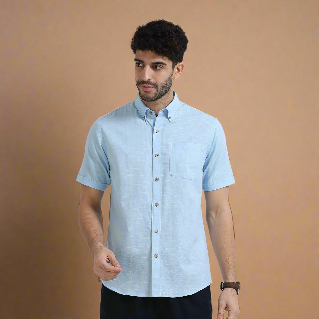 Breeze Linen Half Sleeves Shirt In Powder Blue Sustainable men's fashion shirt by TFC