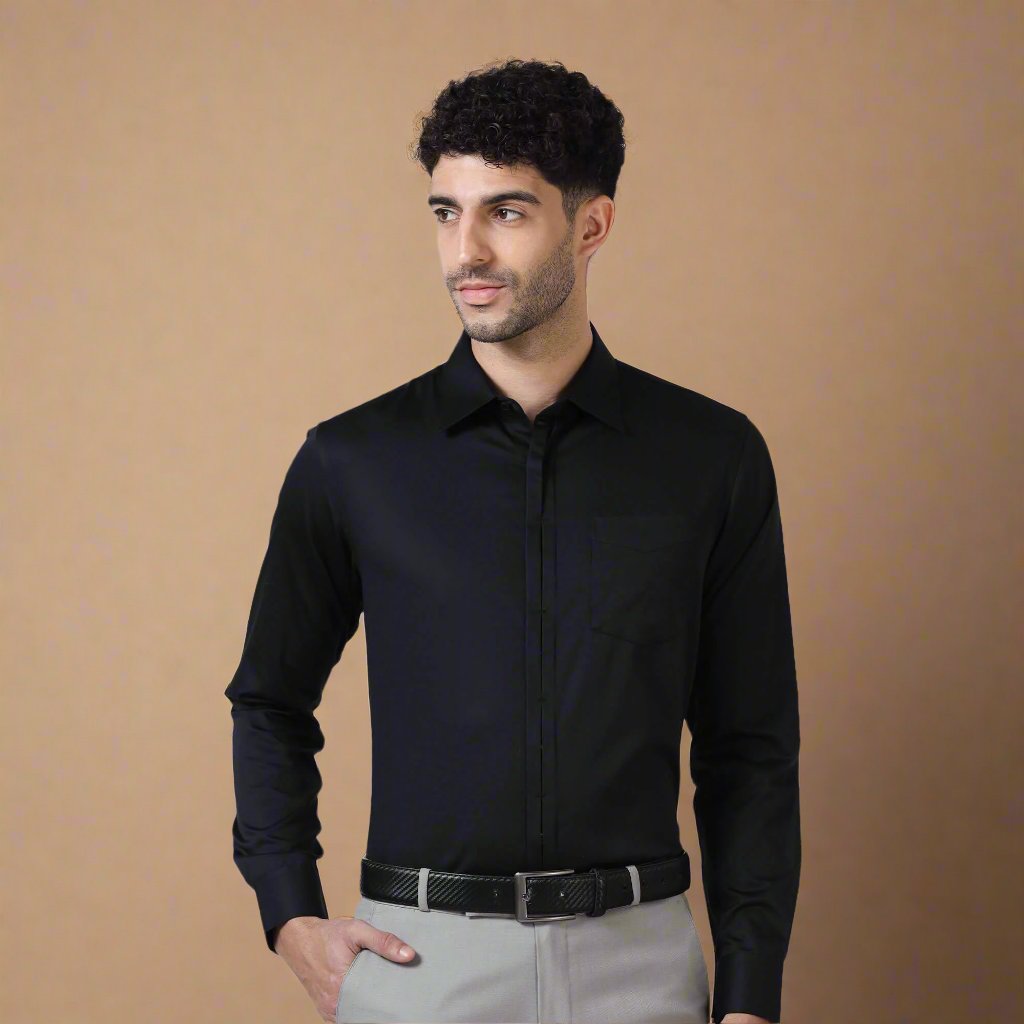 Alfred Black Shirt With Signature Concealed Placket Side view of Alfred formal shirt by TFC