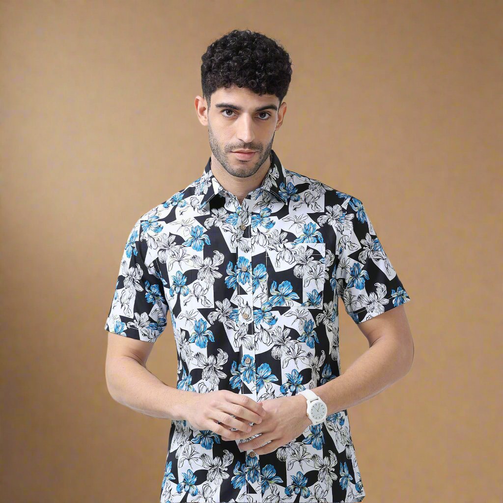 Ashley Cotton Half Sleeves Shirt In Black/ Blue Floral Print Stylish summer floral shirt by TFC