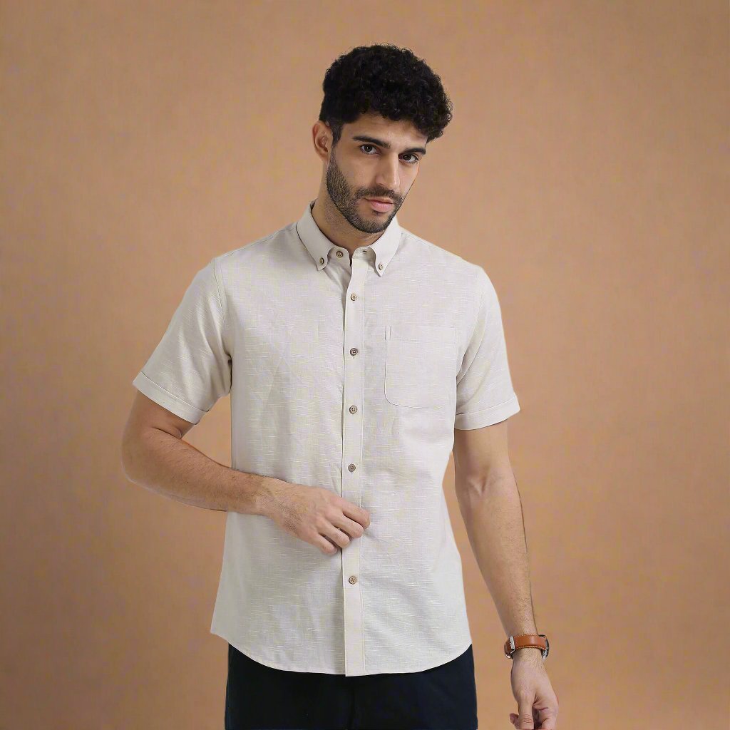 Breeze Linen Half Sleeves Shirt In Sand Eco-friendly linen shirt design by TFC
