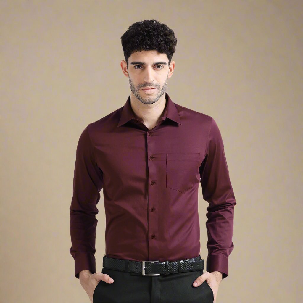 French Cuff Giza Cotton Shirt in Wineberry Wineberry Shirt for Office Wear For Men By TFC