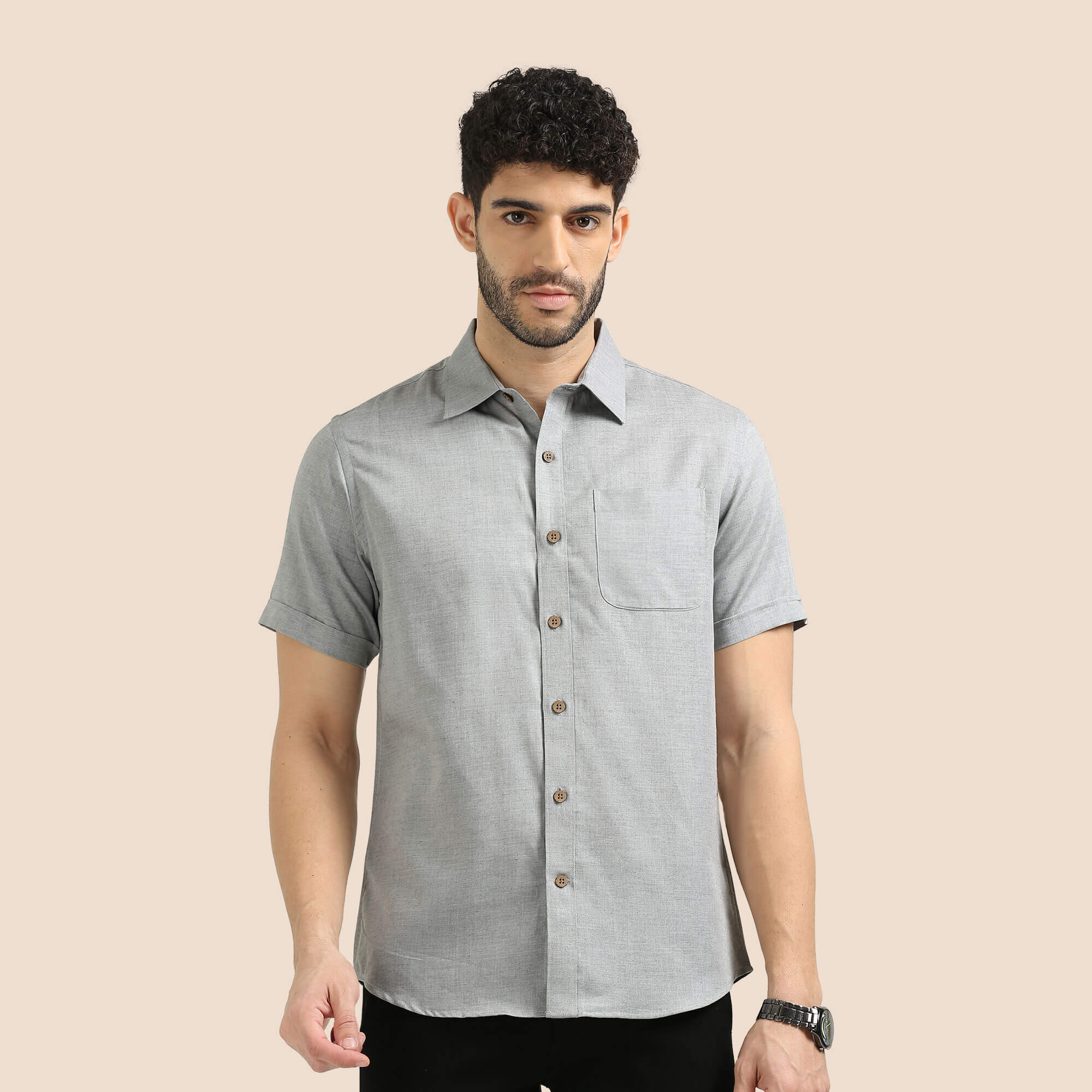 Woods Lyocell Half Sleeves Shirt In Charcoal Melange Charcoal Melange Lyocell Shirt by TFC