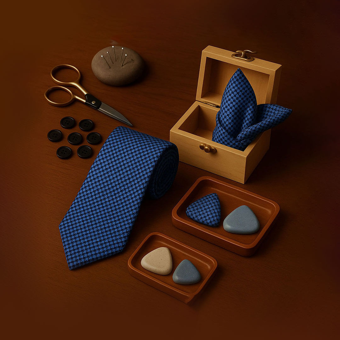 Houndstooth Handmade Tie & Pocket Square in Navy & Cobalt Houndstooth Handmade Tie & Pocket Square in Navy & Cobalt