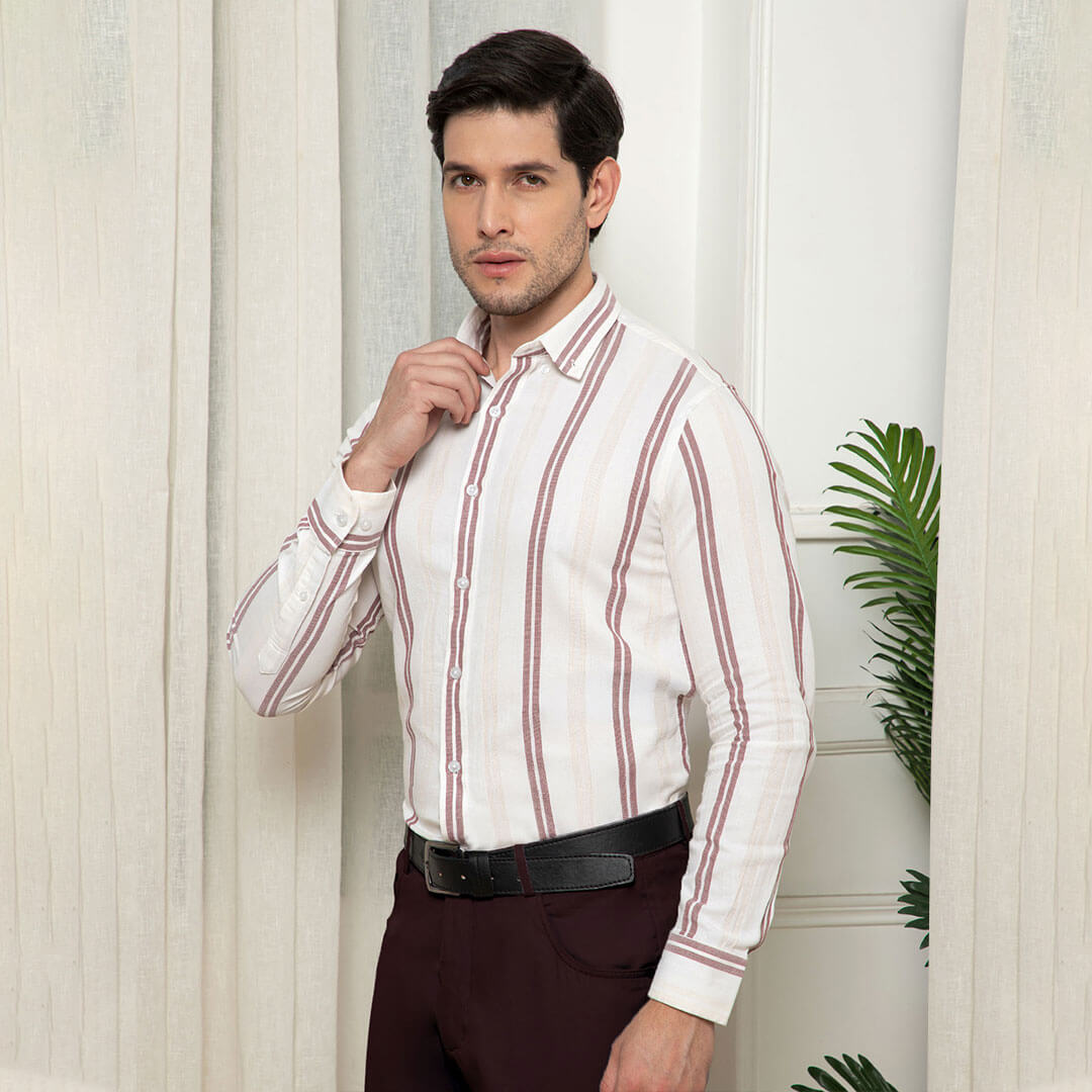 Skyline Twin Stripes Shirt In Wine Weekend Look with Wine Stripe Shirt and Chinos by TFC