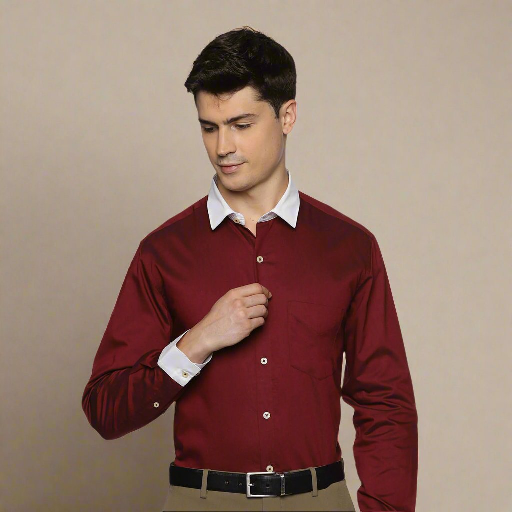White Collar Full Sleeves Solid Shirt In Wine Stylish Wine Shirt with White Cuffs For Men By TFC