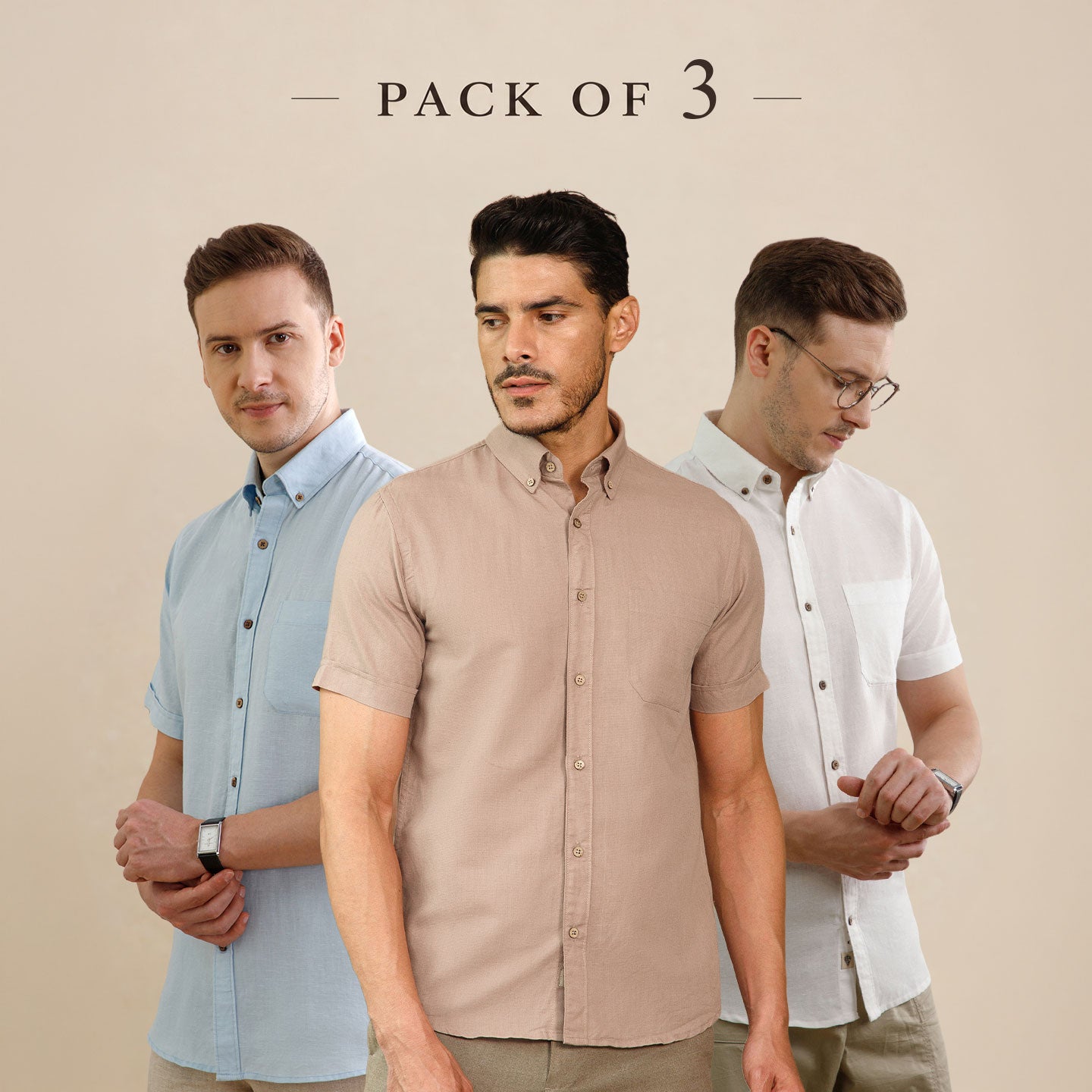 The Best-Sellers of Breeze Linen Half Sleeves - 3 Shirt Pack - Powder Blue, Velvet rose & Snow