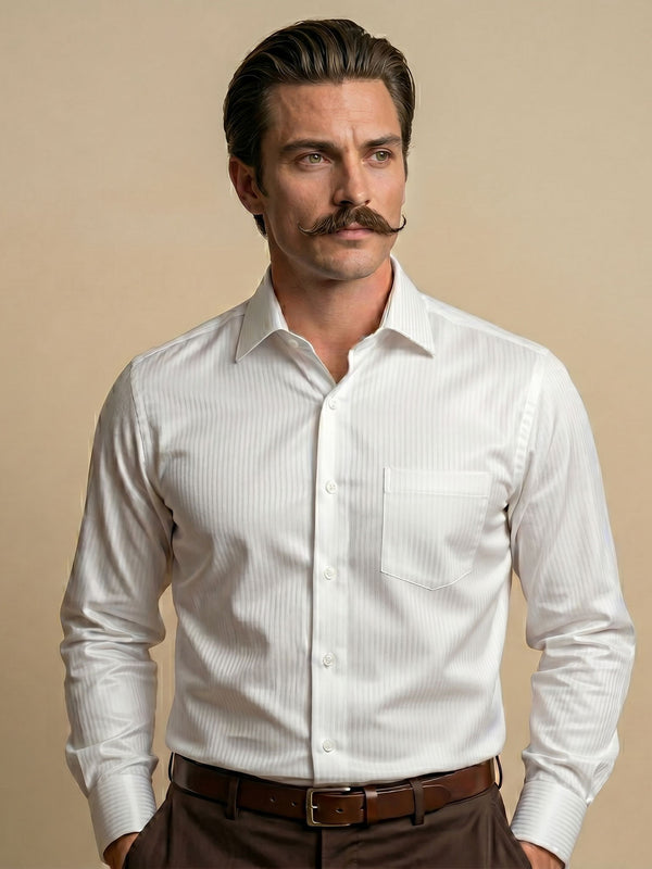 Crest Self Stripe 2 Ply Giza Shirt in Cloud White