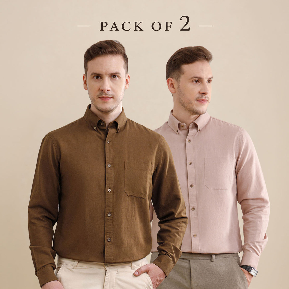The Best Sellers of Breeze Linen Full Sleeves - 2 Shirt Pack - Mocha & Wood Rose