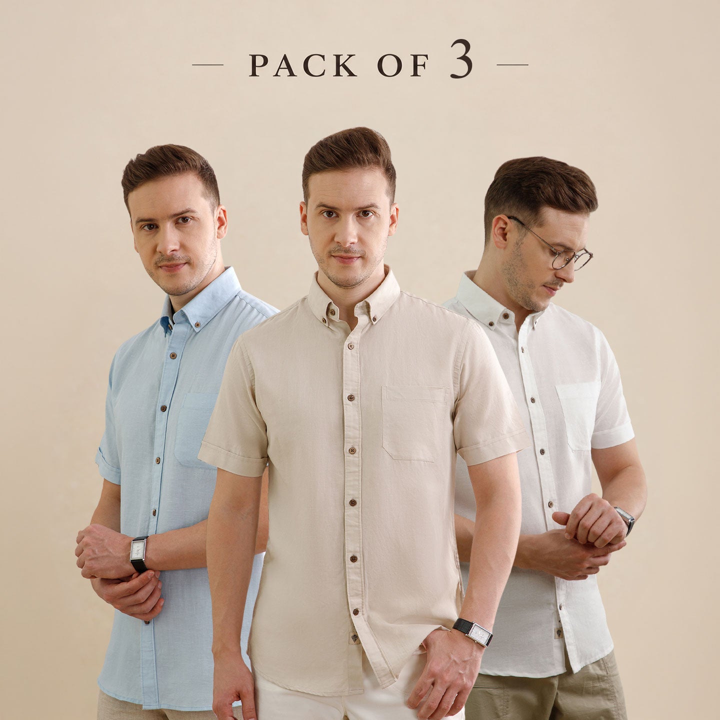 The Best-Sellers of Breeze Linen Half Sleeves - 3 Shirt Pack - Powder Blue, Sand & Snow