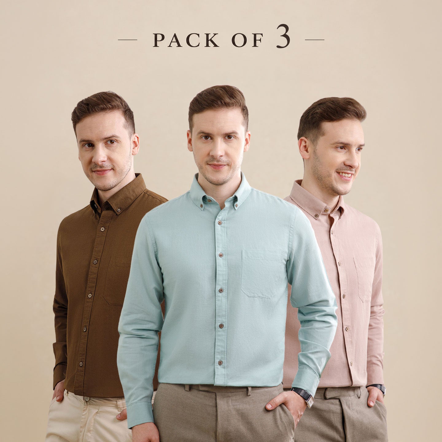 The Best-Sellers of Breeze Linen Full Sleeves - 3 Shirt Pack - Mocha, Seaweed & Wood Rose