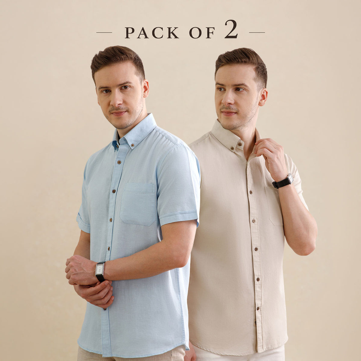 The Best-Sellers of Breeze Linen Half Sleeves - 2 Shirt Pack - Powder Blue & Sand